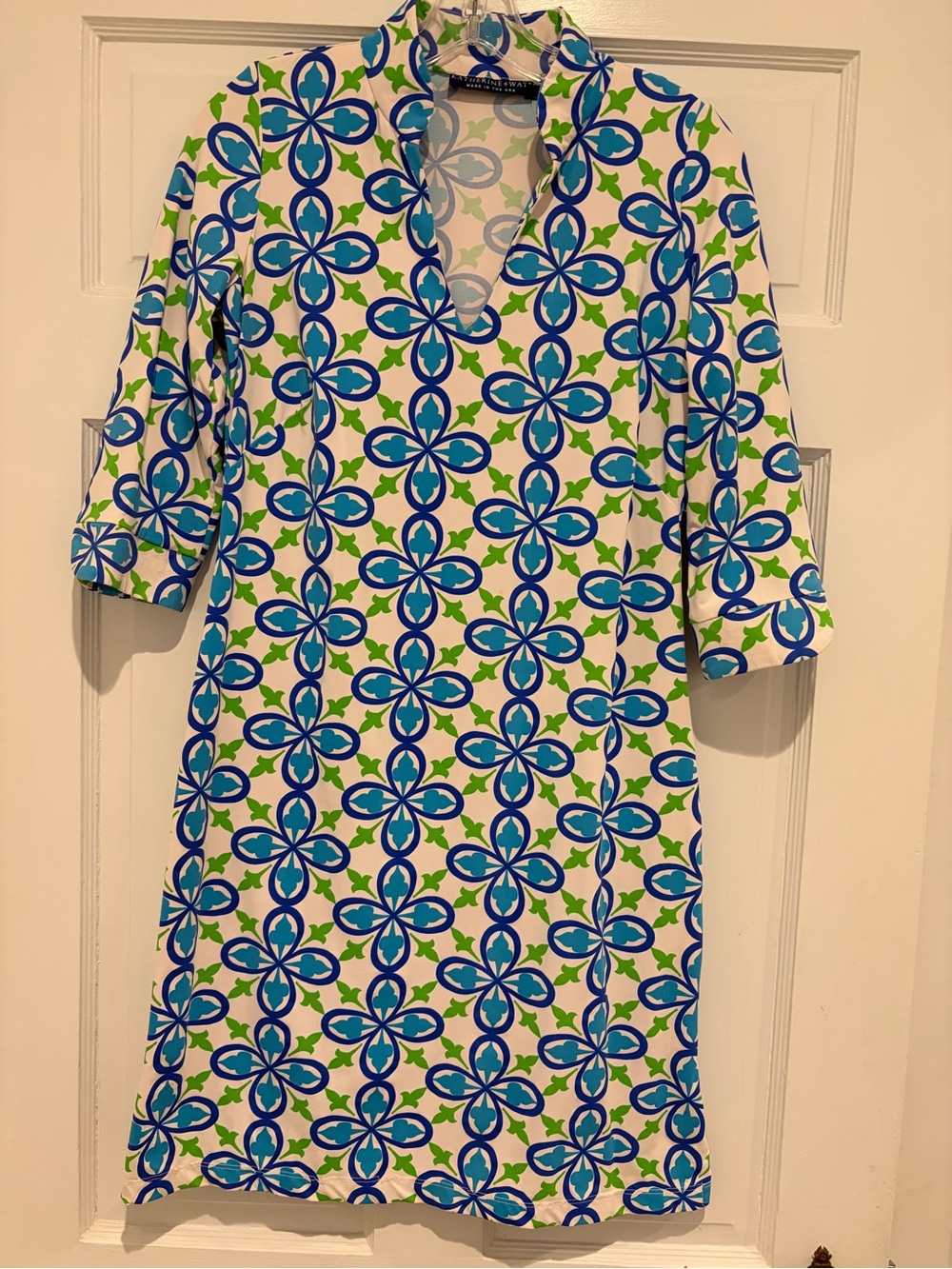 Katherine Way Blue, Green & White Geometric V-Neck Midi Dress